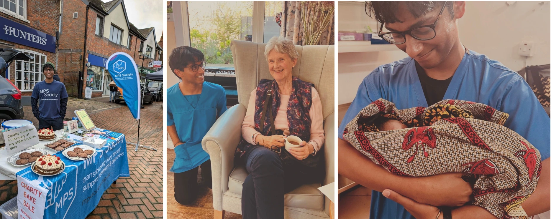 Collage of photos showing Shubhan fundraising, chatting to a resident and holding a baby he helped deliver