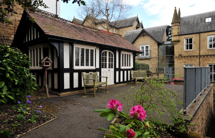 A bright outdoor area surrounded by flowers
